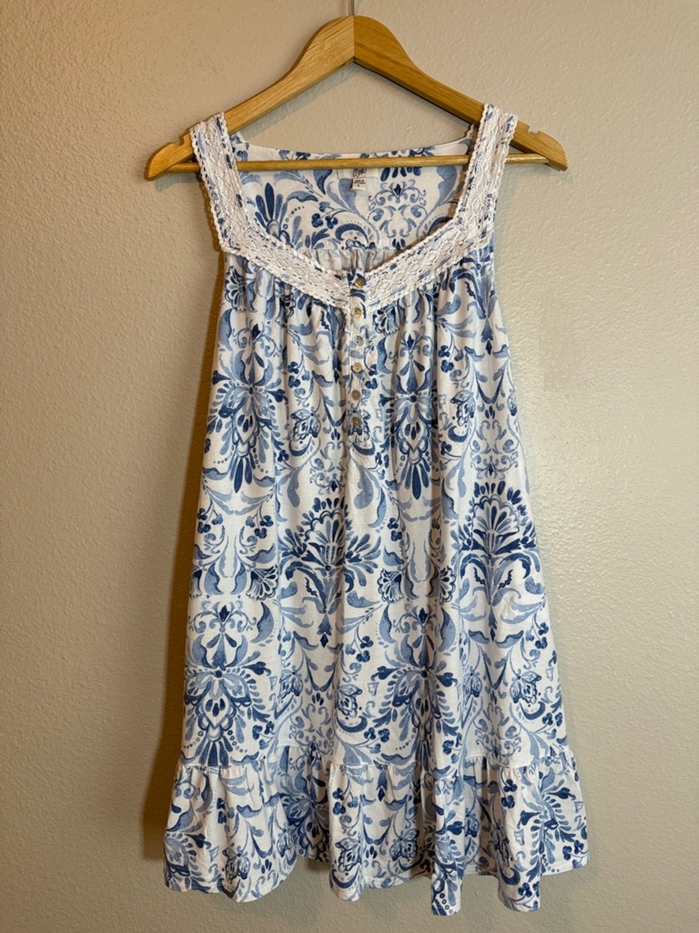 Aria L Blue White Toile Print Nightgown Lounger Pockets Cottagecore Romantic
